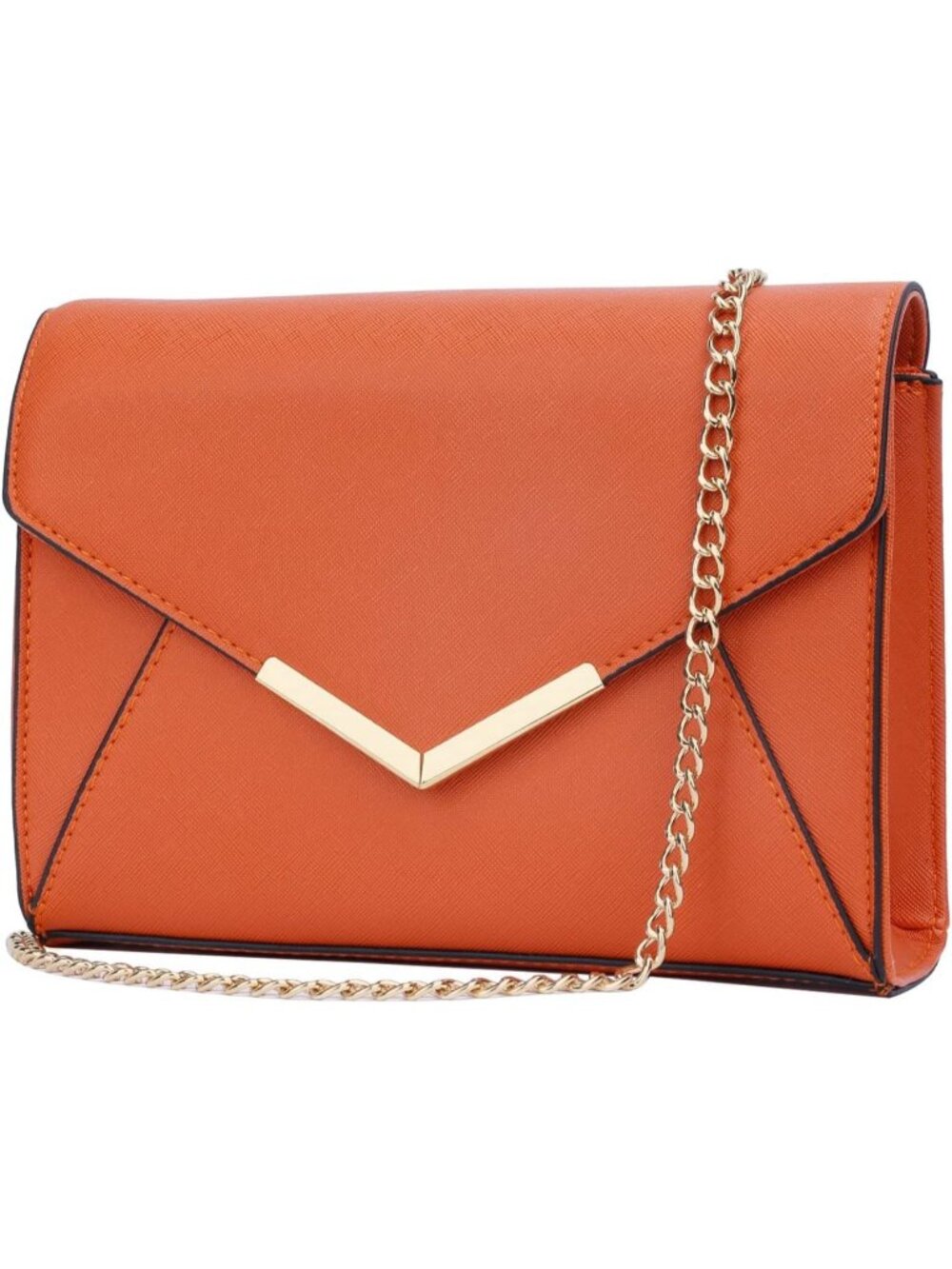 Women A Orange Faux Leather Envelope Clutch Purse Crossbody Chain Evening Bag